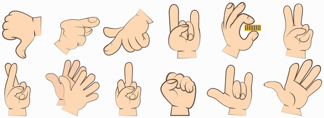 Cartoon hands set. Different gestures with fingers pointing, attention, fist, thumbs up. Isolated vector illustration. Human hand expresses signals, actions and emotions, signs and impressions