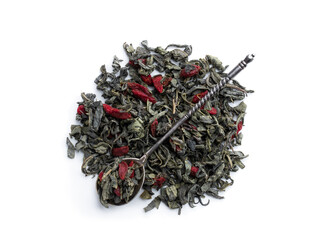 Green tea with Goji berry isolated on white