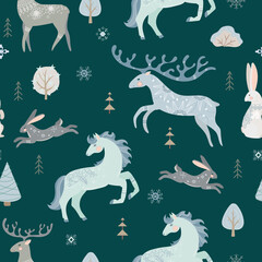 Seamless pattern with Animals and plants in boho or scandinavian style. Christmas items with winter elements and holiday wishes. Winter vector illustration isolated on white background.