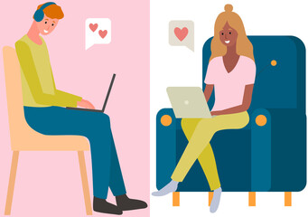 Chatting, communication and sending messages via Internet. People in relationship using laptops, computers to chat. Spending time at laptop for communication. Lovers man and woman social networking