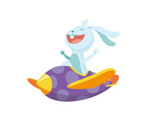 Cute baby animal rabbit on airplane. Funny and happy pilot flying on plane. Cartoon  character fly on retro transport