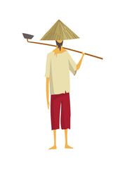 Asian farmer in straw conical hat. Asia rural culture. Chinese farmer carrying hoe on his shoulders.  cartoon illustration