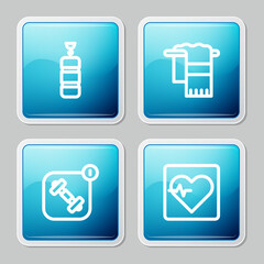 Set line Punching bag, Towel on hanger, Fitness app and Heart rate icon. Vector