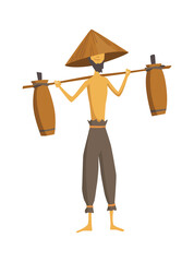 Asian farmer in straw conical hat. Asia rural culture. Chinese farmer carrying harvest on his shoulders.  cartoon illustration