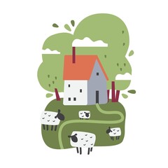 Sheep farm. Sheep and rams graze in the pasture. Rural landscape, icon, vector flat illustration.