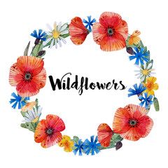 Handpainted cute watercolor wreath illustration of red poppies, blue cornflowers and white daisies