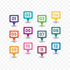 Vector illustration of number bullet points from one to twelve with a transparent background (PNG).