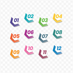 Vector illustration of hexagon number bullet points from one to twelve with a transparent background (PNG).