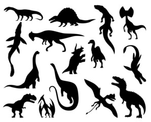 Collection silhouettes of dinosaurs. Dino monsters icons. Prehistoric reptile monsters.  illustration isolated on white. Sketch set. Hand drawn dino skeletons