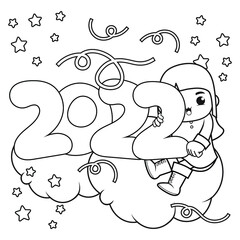 Happy new year coloring book with cute girl
