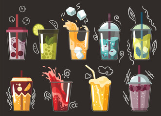 Collection of drawn drink. Various tasty sodas. Summer fruit smoothie drink with fruit flavors. Alcohol cocktails. Doodle smoothie in a jars