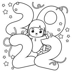 Happy new year coloring book with cute girl