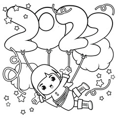 Happy new year coloring book with cute girl