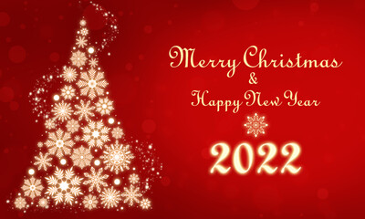 Bright Christmas illustration with a fir tree made from glowing snowflakes. Gold snowflakes on a red background with text and numbers. Beautiful festive background. Red Christmas gradient. Glowing wor