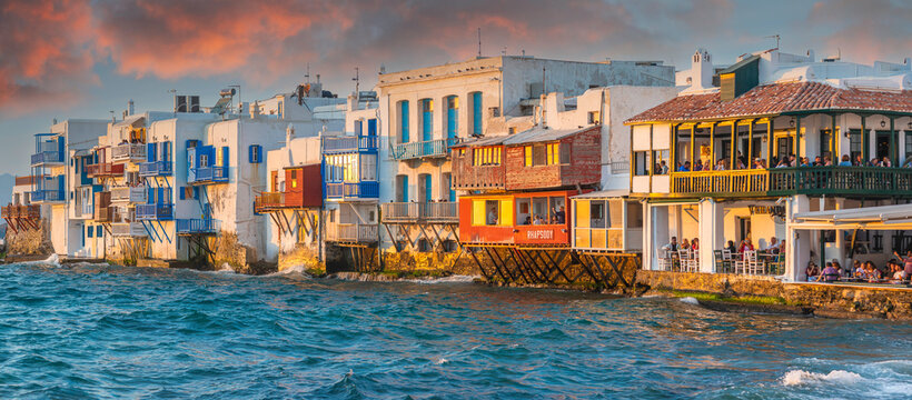 View of the famous pictorial Little Venice bay of Mykonos town in Mykonos island in Greece
