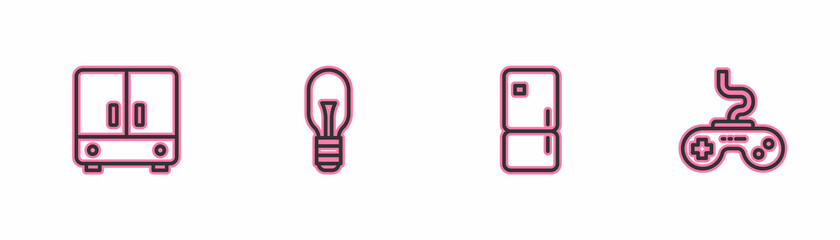 Set line Wardrobe, Refrigerator, Light bulb and Gamepad icon. Vector