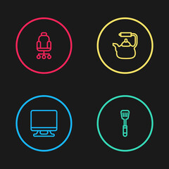 Set line Smart Tv, Spatula, Kettle with handle and Office chair icon. Vector