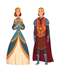 Medieval king and queen on white background. Cartoon middle ages historic period. Medieval kingdom characters standing in costumes