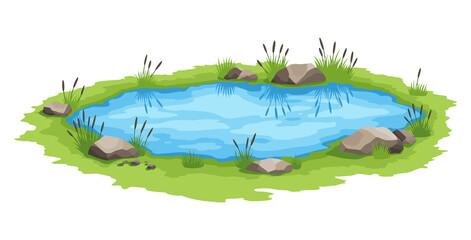 Picturesque natural pond. Concept of open small swamp lake. Water pond with reeds. Natural countryside landscape. Multicolour game scene - obrazy, fototapety, plakaty
