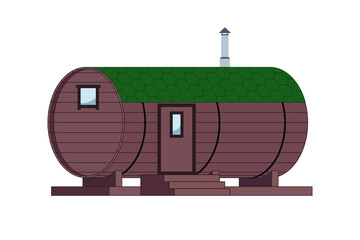 Wooden barrel sauna. Boardwalk bathhouse. Flat vector illustration.