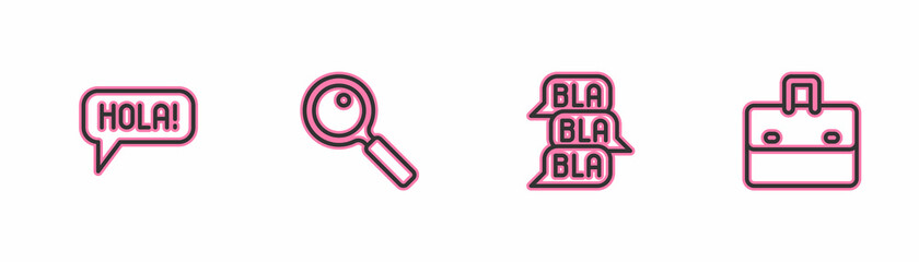 Set line Hola in different languages, Speech bubble chat, Magnifying glass and Briefcase icon. Vector © vector_v