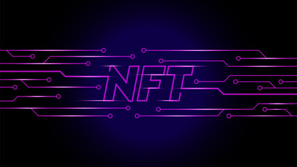 vector concept of NFT non-fungible tokens text in the center of neon line pcb network glowing in dark background. © Cond.STD