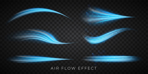 Blue air flow wave effect set. Design element for visualizing air or water flow. Isolated on transparent background.