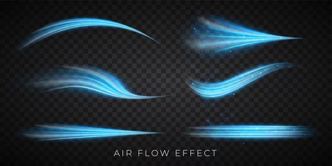 Foto op Aluminium Blue air flow wave effect set. Design element for visualizing air or water flow. Isolated on transparent background. © Yuri Hoyda