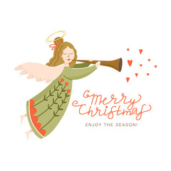 Cute Christmas angel with nimbus flying. Greeting typography Merry Christmas enjoy the season. Lovely vector for winter holidays postcard, invitation, sticker etc.