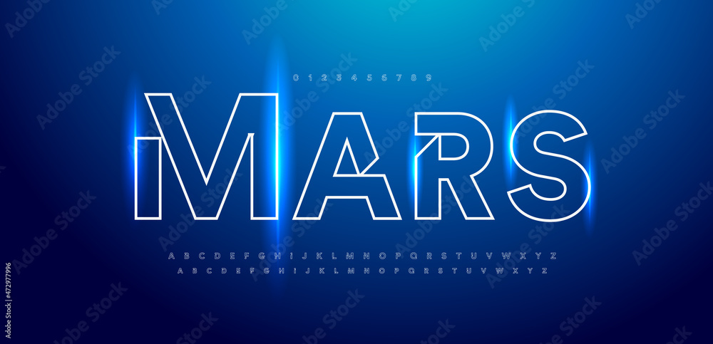 Aufkleber space font alphabet letters. outline linear contour typography. techno digital characters with elect