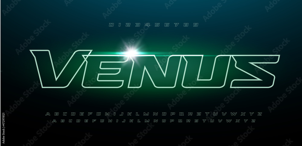 Leinwandbilder Space font alphabet letters. Outline linear contour typography. Techno digital characters with electric light, neon glow. Shiny illuminated letter set for headline, logo, cover title. Vector typeset