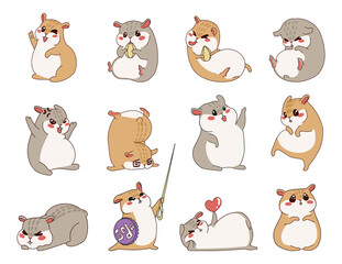 Cute hamster. Cartoon pet character with funny smile face. Mouse standing and running. Funny animal sitting front view. Little domestic rodent gestures and poses. Vector chipmunks set