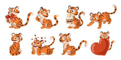 Obraz premium Cute tiger. Cartoon adorable kitten mascot. Happy striped wild animal for kids illustration. 2022 year or Valentine holidays symbol. Cat with gifts and birthday cake. Vector kitties set