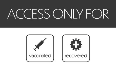 Corona access regulation notice with framed vector icons and english text arranged on top of each other on white background with grey bars on top in landscape format 