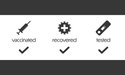 Corona access regulation notice with vector icons, english text and additional check signs arranged on top of each other on white background with grey bars on top and bottom in landscape format 
