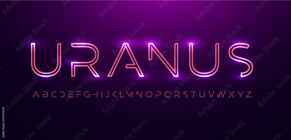Poster Space font alphabet letters. Outline linear contour typography. Techno digital characters with electric light, neon glow. Shiny illuminated letter set for headline, logo, cover title. Vector typeset