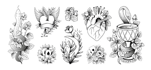 Tattoo art. Old school retro body prints design with knife and roses. Isolated anchor or cross tattooing. Playing cards and gambling dice. Vector black traditional ink drawings set