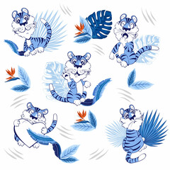 Seamless pattern with cute blue tiger cub, cute tiger cub in different situations, on a background with tropical leaves, a symbol of the new 2022. Illustration for postcard, banner, textile 