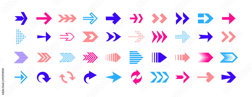 Poster Next and back arrows. Upload and download interface symbols. Back or forward navigation. Up and down orientation symbols. Site and game menu icons. Motion pictograms. Vector buttons set