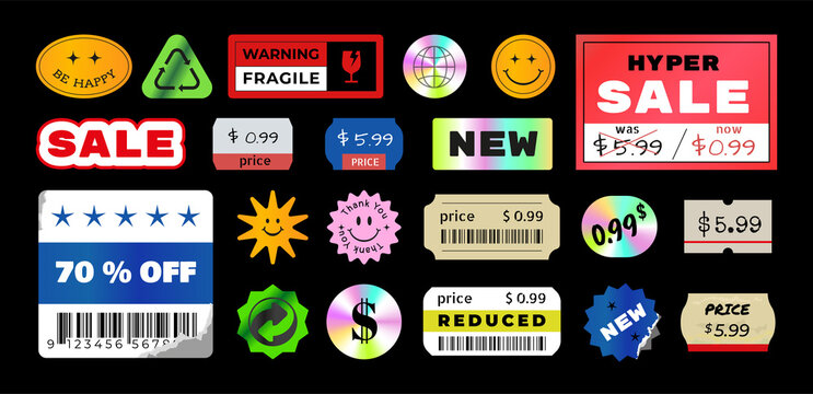 Price sticker. Doodle vintage holographic pricing tags and package labels with torn edges. Sale signs. Square and round mockups of text promotional badges. Vector merchandise icons set