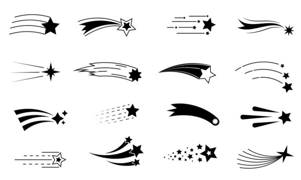 Shooting star icon. Black silhouette symbol of flying meteor with trail. Abstract fantasy comet. Night sky falling asteroid. Meteorite motion. Vector firework or space elements set