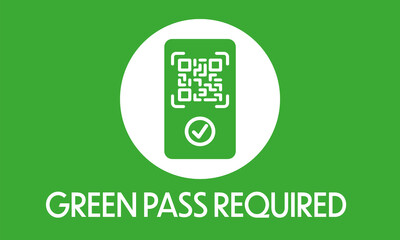 Green pass required Notice for corona access regulation with QR code on white circle with white text on green background in landscape format.