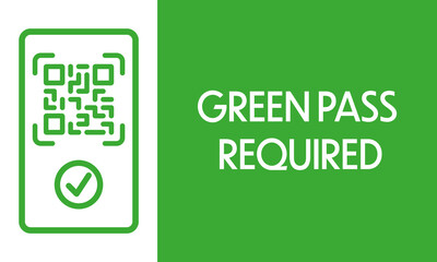 Green pass required Notice on Corona access regulation with QR code on white rectangle in left part of image with white text on green background in right part in landscape orientation.