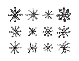 New Year collection of black white snowflakes for holidays design and prints. Snow for congratulations, invitations, postcards. Hand drawn doodle set of winter elements. Isolated vector illustration.