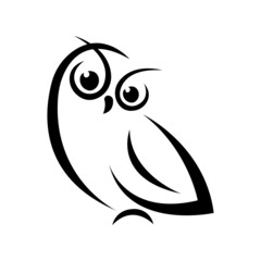 Owl black bird silhouette drawn by curved lines on a white isolated background. Owl tattoo, company logo, agencies, emblem for design of clothes, dishes, album, paper, cards, books. Vector