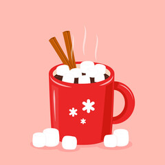 Pile of marshmallows on Cocoa. Cocoa with marshmallows in a red cup. Red cup with muffin, cinnamon and Marshmallows. Beautiful winter postcard. Flat vector illustration.