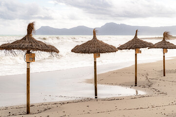 Beach umbrellas with water and sky