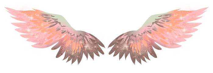 Beautiful magic angel pink wings with orange, brown and green accents in watercolor style