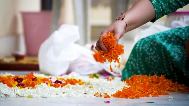 slow motion shot of Indian woman dropping marigold jasmine flowers on a rangoli pattern on the floor while making a rangoli for diwali, new year or a wedding decoration as part of the hindu religion