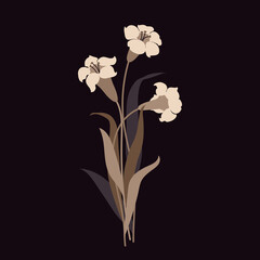 Decorative bouquet of white lily flowers, a symbol of purity. Color vector illustration on a dark background in a cartoon and flat design.